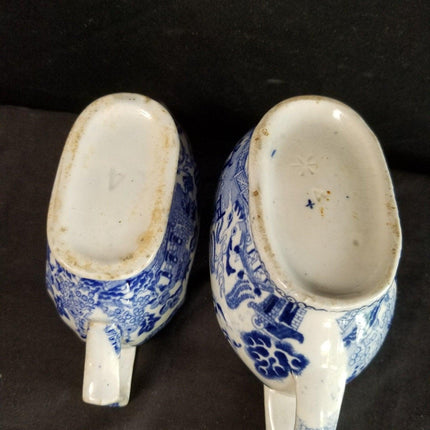 2 Antique Blue Willow Gravy Boats Pearlware Staffordshire Transferware c.1840 6. - Estate Fresh Austin