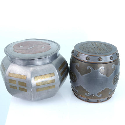 2 Antique Chinese Republic Period Pewter Mixed Metal Tea Caddies - Estate Fresh Austin