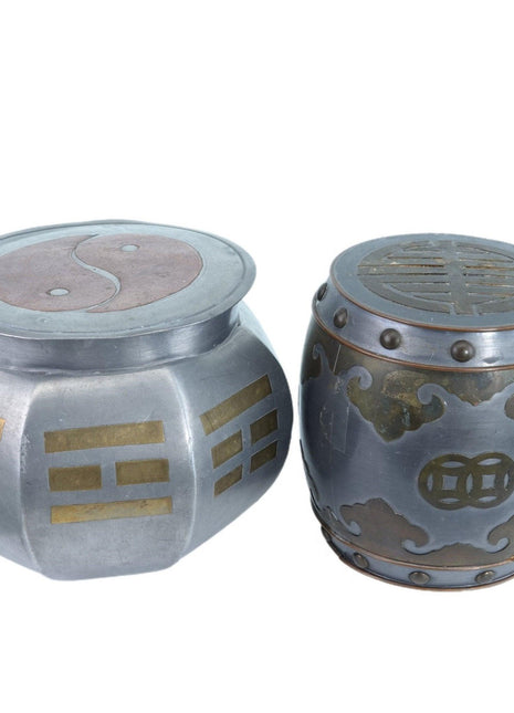 2 Antique Chinese Republic Period Pewter Mixed Metal Tea Caddies - Estate Fresh Austin