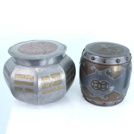 2 Antique Chinese Republic Period Pewter Mixed Metal Tea Caddies - Estate Fresh Austin