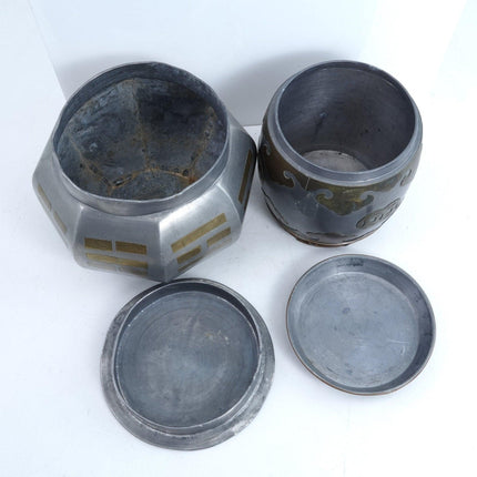 2 Antique Chinese Republic Period Pewter Mixed Metal Tea Caddies - Estate Fresh Austin