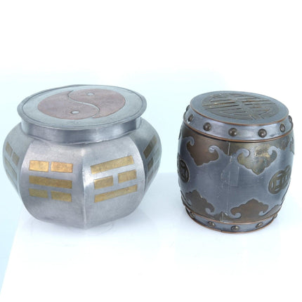 2 Antique Chinese Republic Period Pewter Mixed Metal Tea Caddies - Estate Fresh Austin