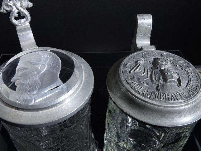 2 c1890 Glass Beer Steins Paulaner braeu - Estate Fresh Austin