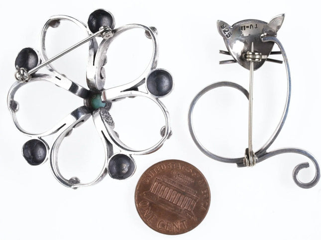 2 Modernist Mexican sterling pins cat and sunburst - Estate Fresh Austin