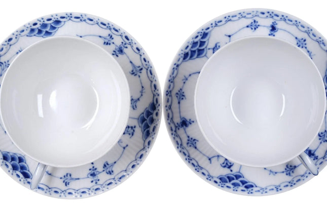 2 Royal Copenhagen Blue Fluted Half lace 7oz Teacups and Saucers - Estate Fresh Austin