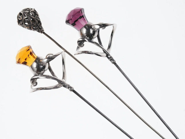 2 Scottish Sterling Thistle Stickpins and one more victorian sterling stickpin - Estate Fresh Austin