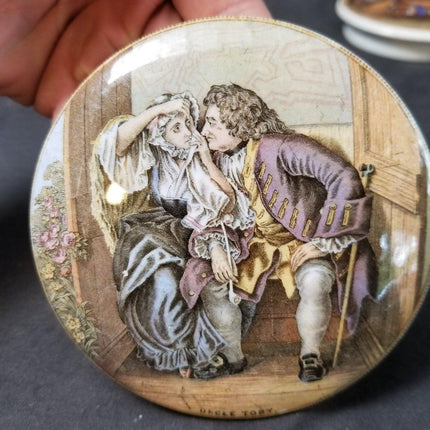 2 Staffordshire prattware Pot Lid Uncle Toby, Dr Johnson 19th century 4 3/8" - Estate Fresh Austin