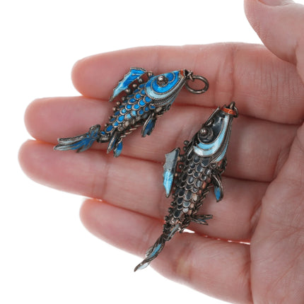 2 Vintage Articulated Chinese Silver Enamel Koi Fish pendants - Estate Fresh Austin