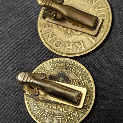 2 vintage Coin Tie Clips 1922 France 1925 Denmark - Estate Fresh Austin