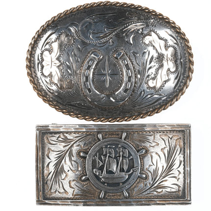 2 Vintage Hand Engraved Sterling Mexican belt buckles - Estate Fresh Austin