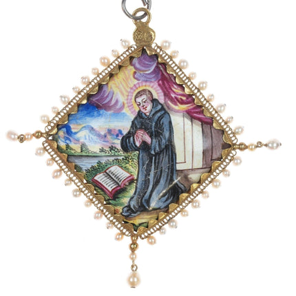 20ct Gold Antique Spanish Colonial religious enamel pendant with natural pearls - Estate Fresh Austin