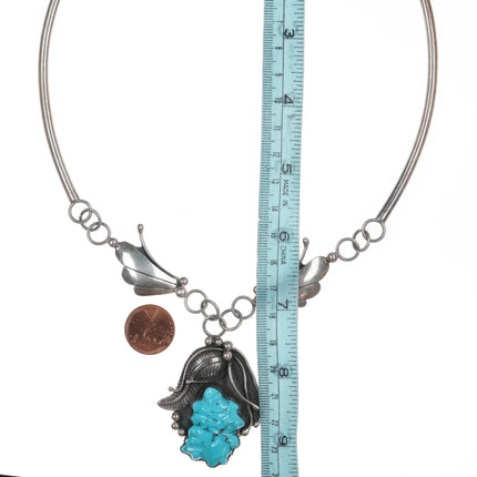 22" Vintage Jansen Zuni Carved turquoise sterling collar necklace - Estate Fresh Austin
