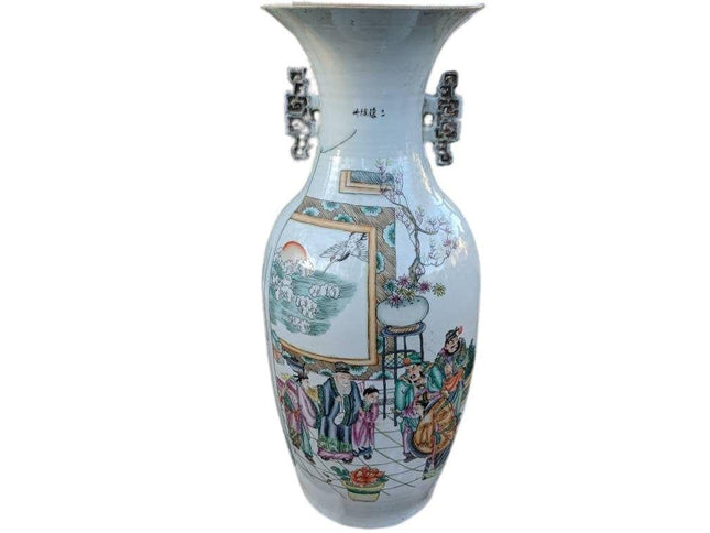 22.5" Antique Chinese Famille Rose Vase with Kanji and hand painted figures - Estate Fresh Austin