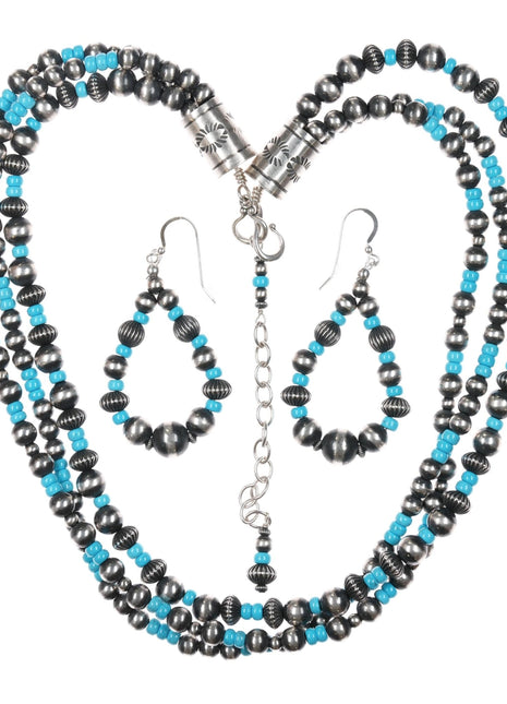 24" Geneva Apachito 3 Strand Burnished Sterling/Turquoise Necklace/earrings set - Estate Fresh Austin