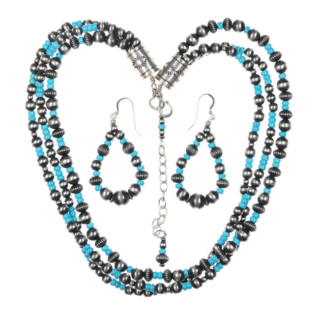 24" Geneva Apachito 3 Strand Burnished Sterling/Turquoise Necklace/earrings set - Estate Fresh Austin