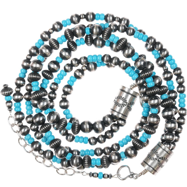 24" Geneva Apachito 3 Strand Burnished Sterling/Turquoise Necklace/earrings set - Estate Fresh Austin