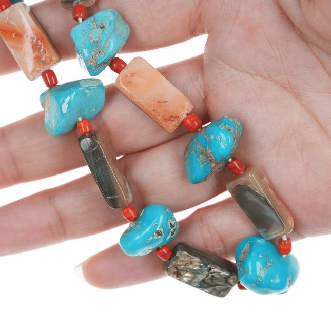 24" Vintage Native American turquoise, coral, and shell beaded necklace - Estate Fresh Austin
