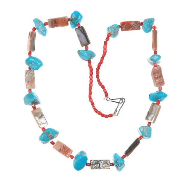 24" Vintage Native American turquoise, coral, and shell beaded necklace - Estate Fresh Austin