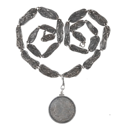 26" c1960 Helen Beckerhoff modernist sterling necklace with 1900 US silver dollar pendant - Estate Fresh Austin
