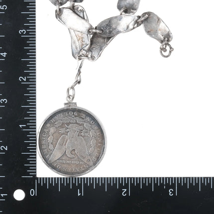 26" c1960 Helen Beckerhoff modernist sterling necklace with 1900 US silver dollar pendant - Estate Fresh Austin