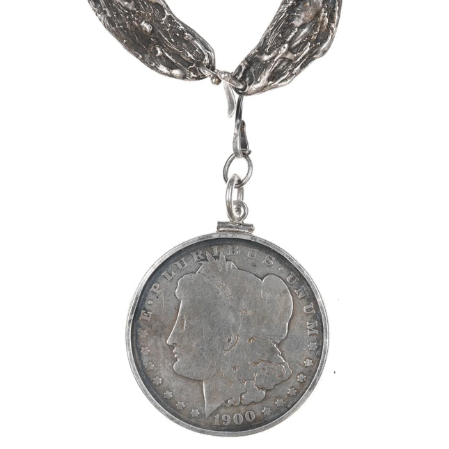 26" c1960 Helen Beckerhoff modernist sterling necklace with 1900 US silver dollar pendant - Estate Fresh Austin