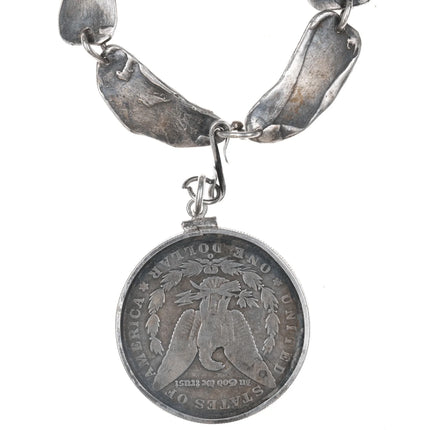 26" c1960 Helen Beckerhoff modernist sterling necklace with 1900 US silver dollar pendant - Estate Fresh Austin