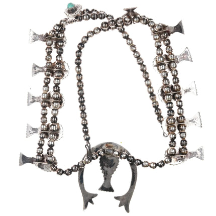 27" c1960's Native American cast silver and turquoise squash blossom necklace - Estate Fresh Austin