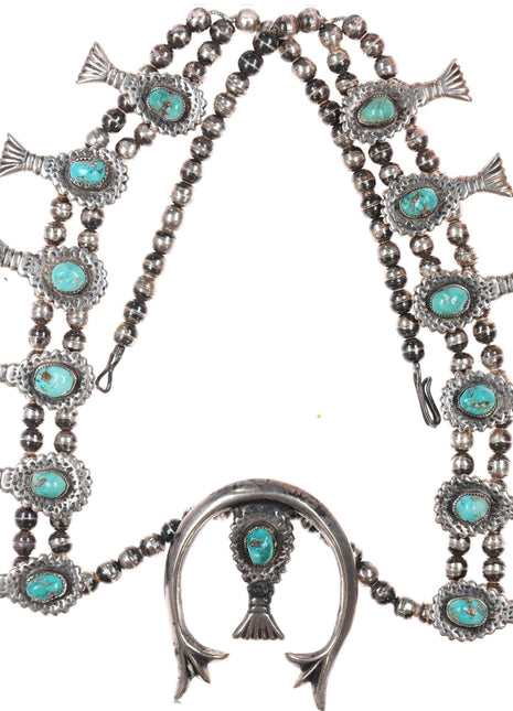 27" c1960's Native American cast silver and turquoise squash blossom necklace - Estate Fresh Austin