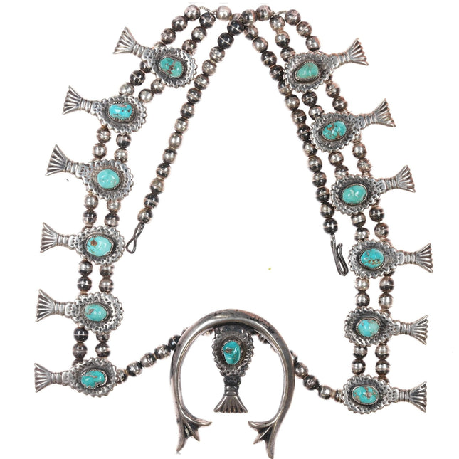 27" c1960's Native American cast silver and turquoise squash blossom necklace - Estate Fresh Austin