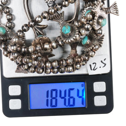 27" c1960's Native American cast silver and turquoise squash blossom necklace - Estate Fresh Austin