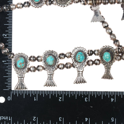27" c1960's Native American cast silver and turquoise squash blossom necklace - Estate Fresh Austin