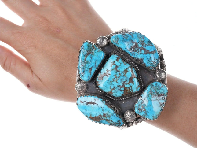 7.5" Huge Vintage Navajo sterling Silver Morenci turquoise cuff bracelet - Estate Fresh Austin