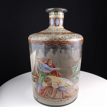 Antique Blown Glass Bottle with Hand Painted Scene