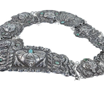 27.75" c1920's Mexican Sterling Silver Repousse Turquoise Aztec belt - Estate Fresh Austin