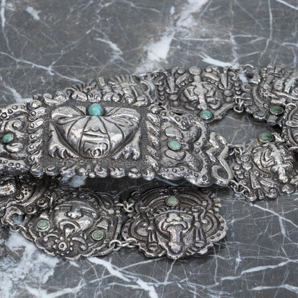 27.75" c1920's Mexican Sterling Silver Repousse Turquoise Aztec belt - Estate Fresh Austin
