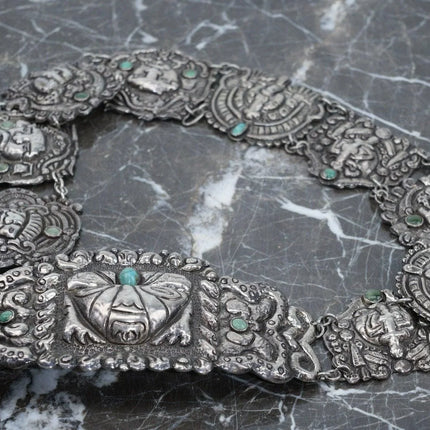 27.75" c1920's Mexican Sterling Silver Repousse Turquoise Aztec belt - Estate Fresh Austin
