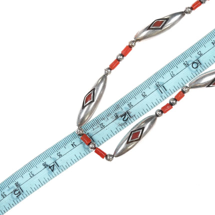 28" Amazing Native American flush inlay coral sterling beaded necklace - Estate Fresh Austin