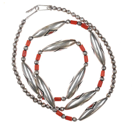 28" Amazing Native American flush inlay coral sterling beaded necklace - Estate Fresh Austin