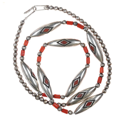 28" Amazing Native American flush inlay coral sterling beaded necklace - Estate Fresh Austin