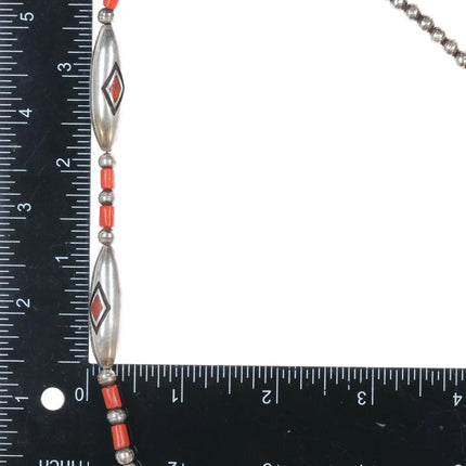28" Amazing Native American flush inlay coral sterling beaded necklace - Estate Fresh Austin
