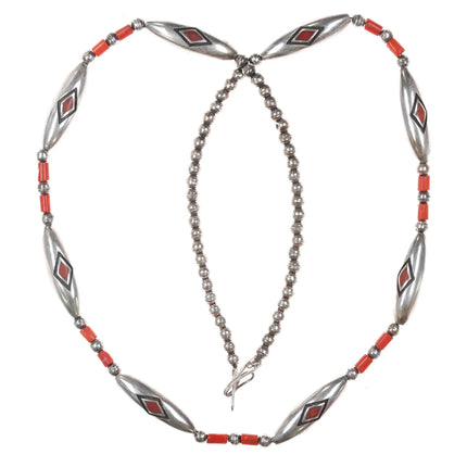 28" Amazing Native American flush inlay coral sterling beaded necklace - Estate Fresh Austin