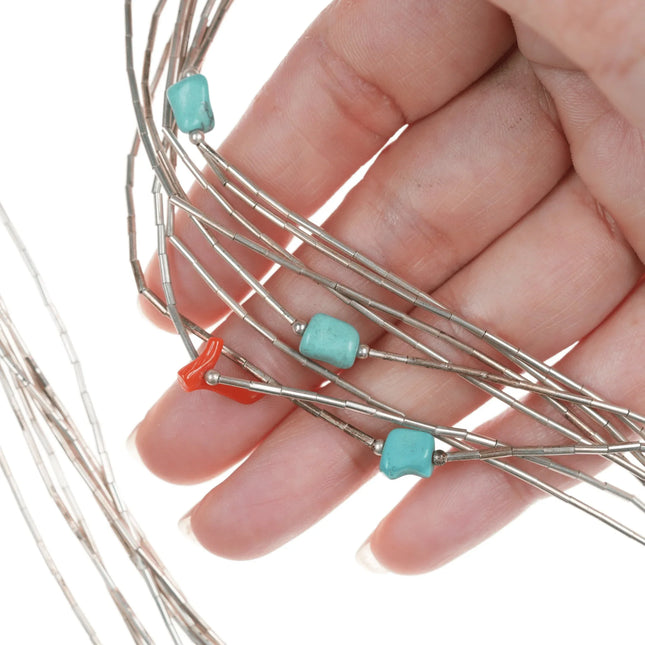 28" Vintage Native American Sterling liquid silver multi-strand necklace with turquoise and coral - Estate Fresh Austin