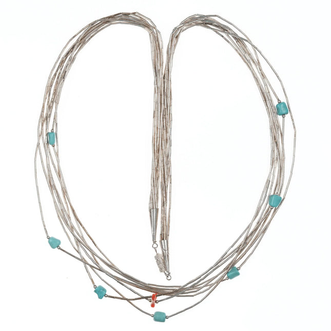 28" Vintage Native American Sterling liquid silver multi-strand necklace with turquoise and coral - Estate Fresh Austin