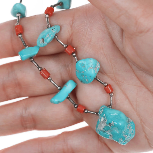28" Vintage Native American Sterling liquid silver necklace with turquoise and coral - Estate Fresh Austin