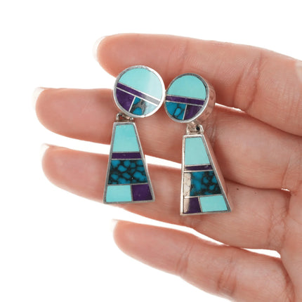 2pr Ray Tracey Knifewing Navajo Multi-stone channel inlay sterling earrings - Estate Fresh Austin