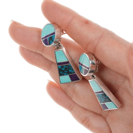 2pr Ray Tracey Knifewing Navajo Multi-stone channel inlay sterling earrings - Estate Fresh Austin