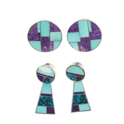 2pr Ray Tracey Knifewing Navajo Multi-stone channel inlay sterling earrings - Estate Fresh Austin