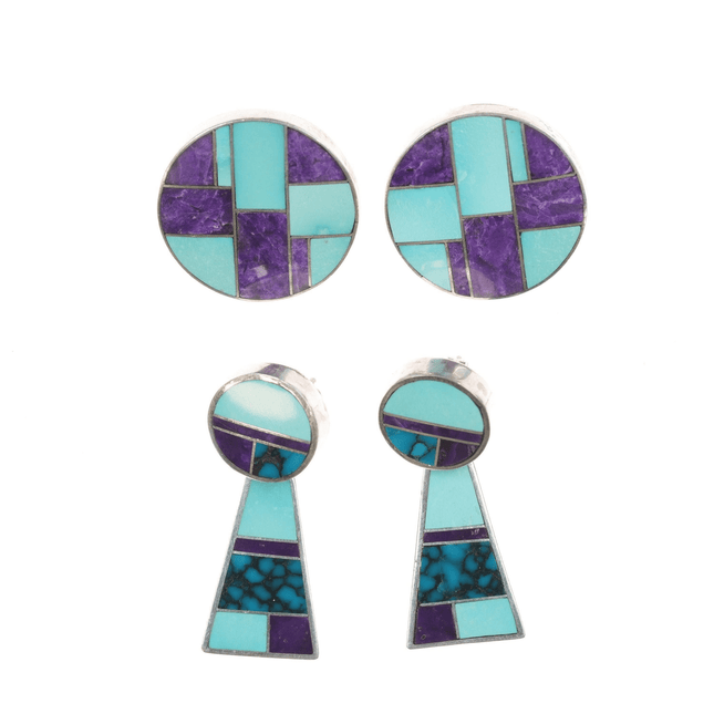 2pr Ray Tracey Knifewing Navajo Multi - stone channel inlay sterling earrings - Estate Fresh Austin