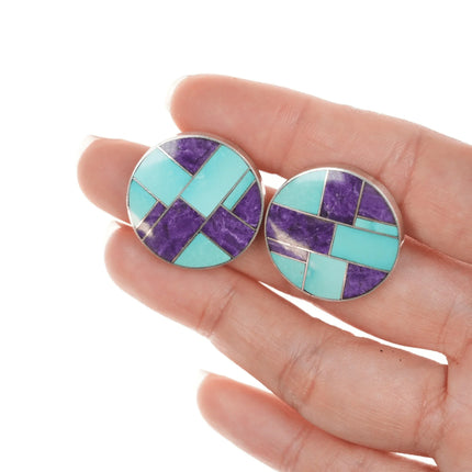 2pr Ray Tracey Knifewing Navajo Multi-stone channel inlay sterling earrings - Estate Fresh Austin