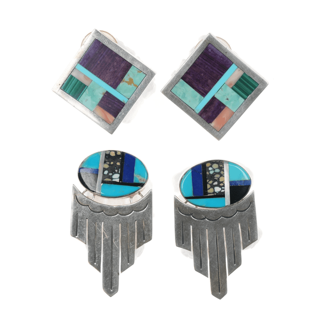 2pr Vintage Native American Sterling Multi - Stone inlay earrings - Estate Fresh Austin